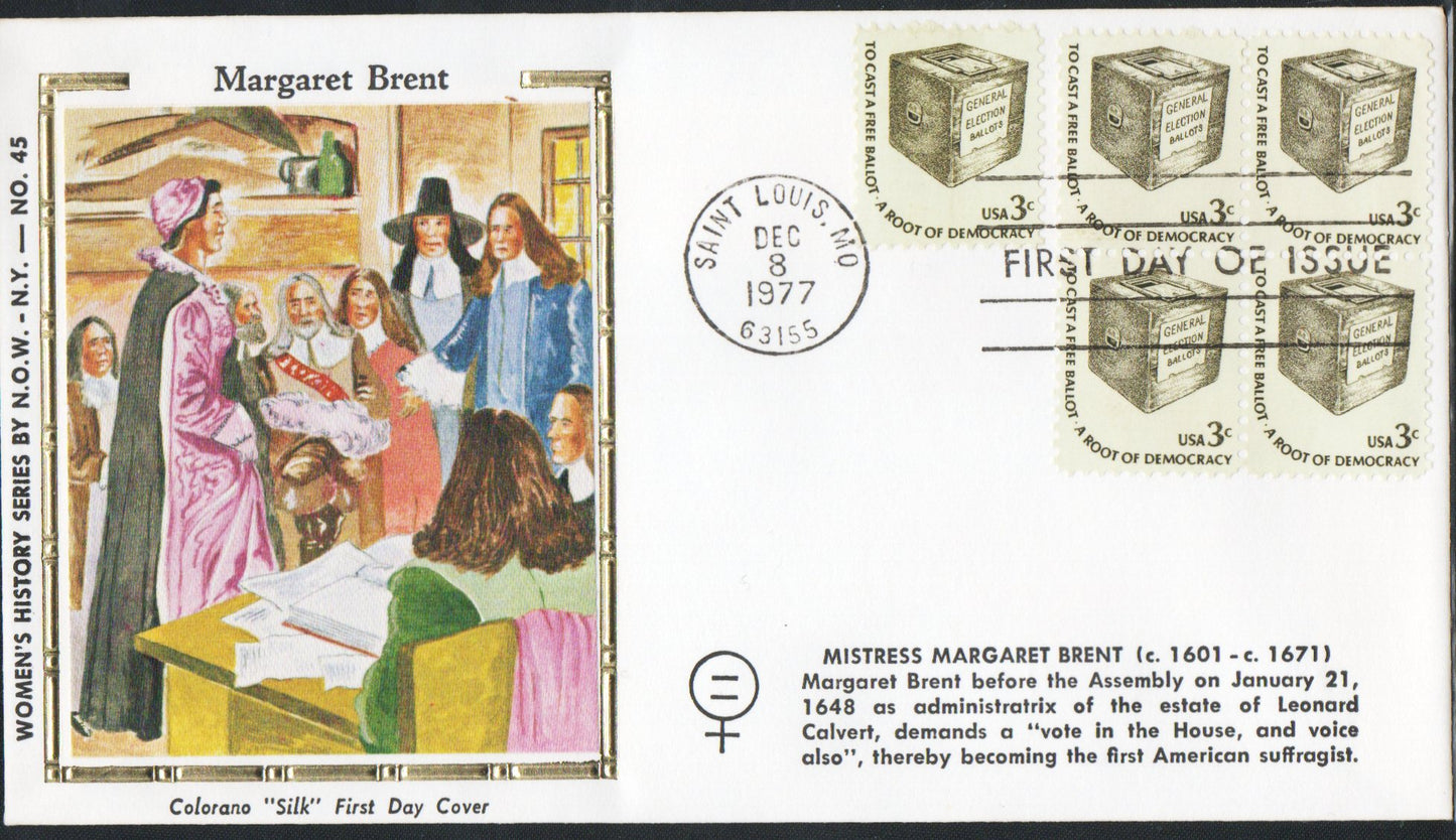 Margaret Brent - First Day Cover - 1977 - Colorano "Silk" - Women's History Series