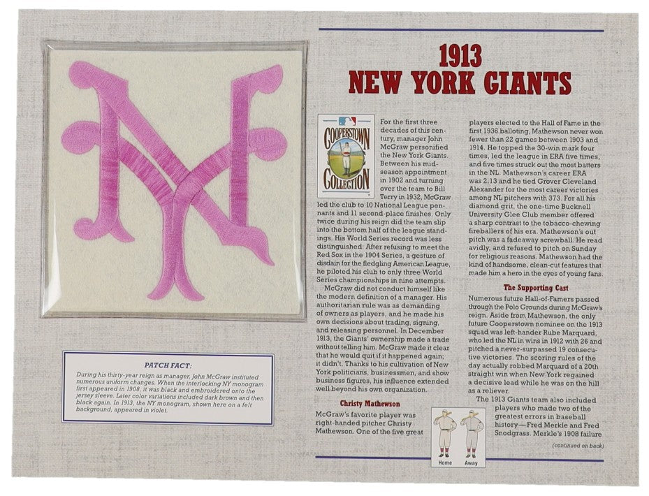 1913 Giants Cooperstown Collections Statistics Commemorative 9x12 Stat Card With Cloth Uniform Patch