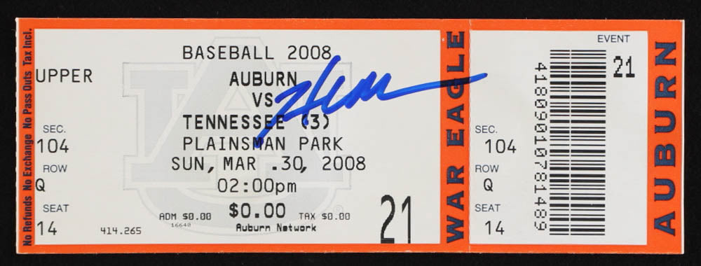 Hunter Morris- Signed 2008 Auburn Tigers Ticket Stub-Beckett